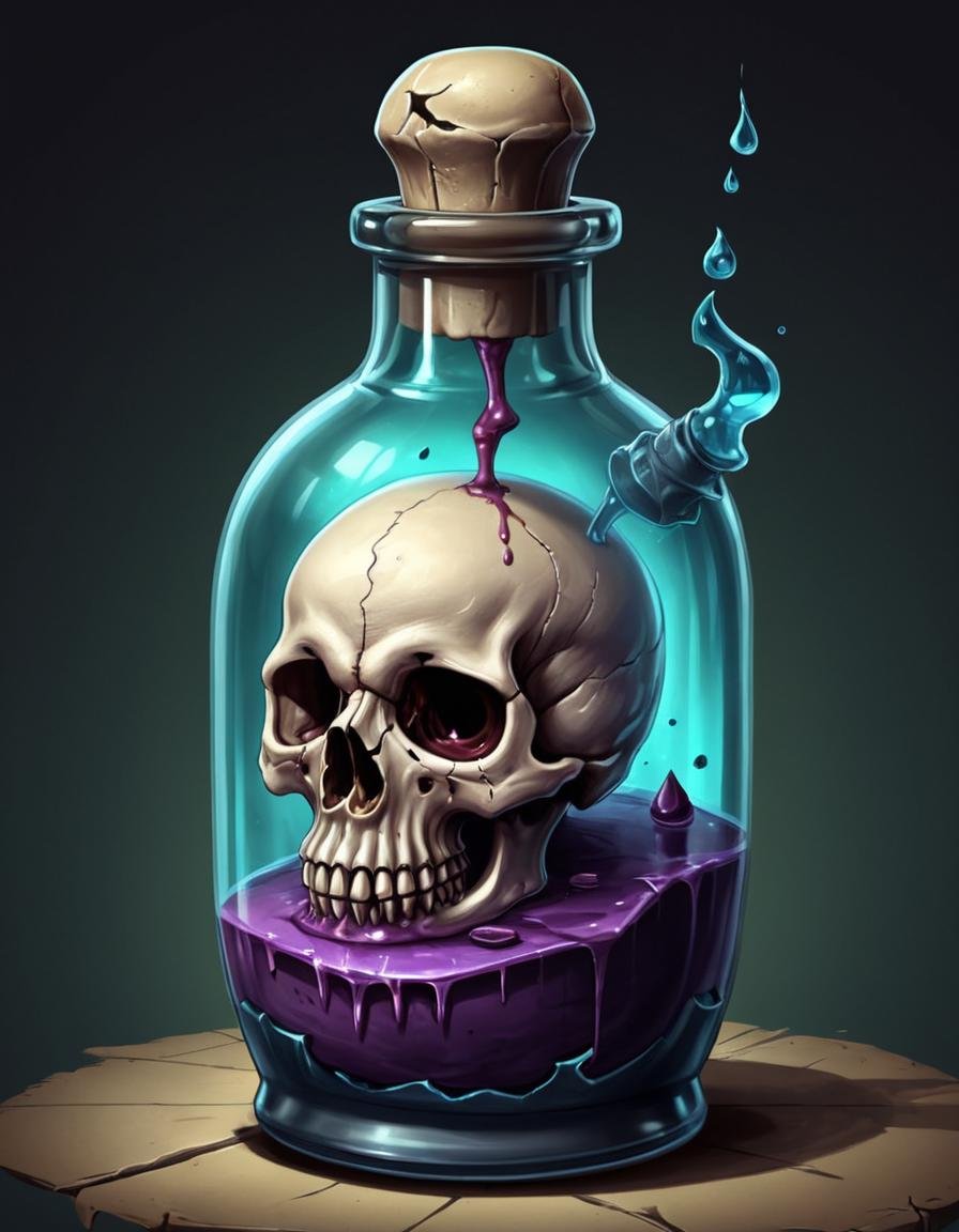 <lora:FF_Potion_Generator:1> a skull in a bottle with water and a skull inside, painting of one health potion, hyper realistic poison bottle, health potion, potion, poison dripping, colored illustration for tattoo, alchemy concept, by Justin Gerard, fantasy skull, by Kyle Lambert, concept art design illustration, over detailed art, detailed 2d illustration, scary detailed art in color, fantasy game art style