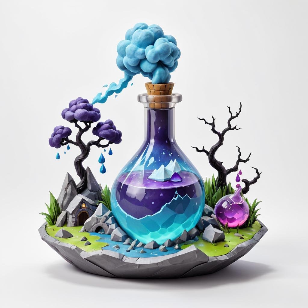 Paper mache representation of <lora:FF_Potion_Generator:1>, Game Asset of a landscape of a potion, Thunderstorm, Potion Game Asset Inventory art, on a white background <lora:FFusionXL-SDXL-Potion-Art-Engine-LyCORIS-LoKR-v1:0.1> . 3D, sculptural, textured, handmade, vibrant, fun