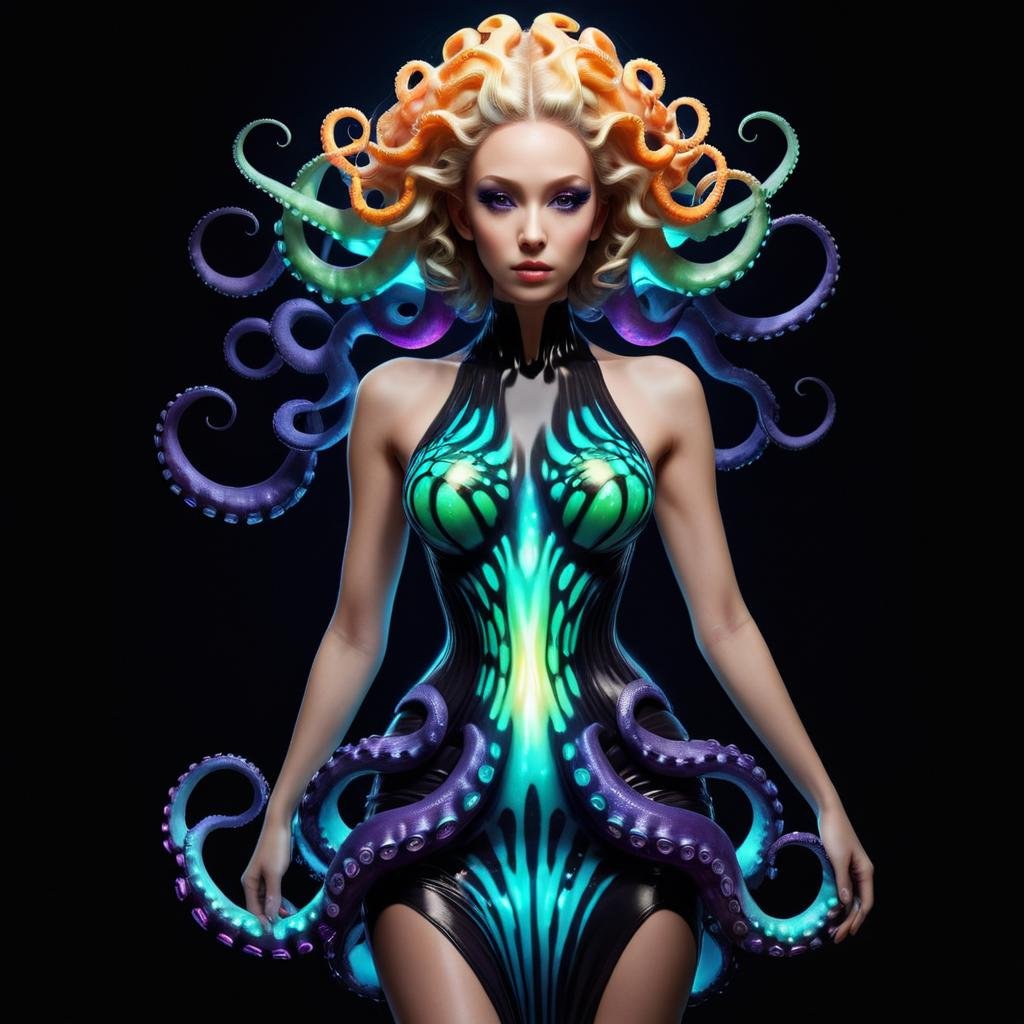 Advertising poster style (Ultrarealistic:1.3) <lora:TentacleFFashion.SFW.FFusion:1> a woman with a glowing dress and octopus tentacles, beautiful octopus woman, portrait of an octopus goddess, octopus goddess, cyberpunk medusa, psychedelic goddess, vivid tentacles, avant garde fashion model, woman made of black flames, swirly body painting, young woman as medusa, blonde girl in a cosmic dress, dark portrait of medusa, psychedelic organic cyborg realism pushed to extreme, fine texture, incredibly lifelike, Extremely high-resolution details, realism pushed to extreme, fine texture, incredibly lifelike,close portrait,(manga:1.3),beautiful,attractive,handsome,trending on ArtStation,DeviantArt contest winner,CGSociety,ultrafine,detailed,studio lighting . Professional, modern, product-focused, commercial, eye-catching, highly detailed