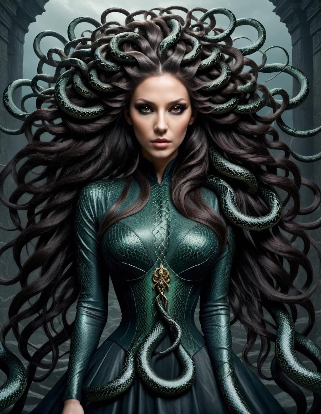 concept art <lora:TentacleFFashion.SFW.FFusion:1> a woman with long hair and snakes in her hair, her many snakes as hair, long flowing medusa hair, dark portrait of medusa, with snakes for hair, young woman as medusa, wrapped in black tentacles, dark queen of snakes, snakes in place of hair, her hair flowing down, snakes in hair, snake woman, snake hair, in style of dark fantasy art . digital artwork, illustrative, painterly, matte painting, highly detailed