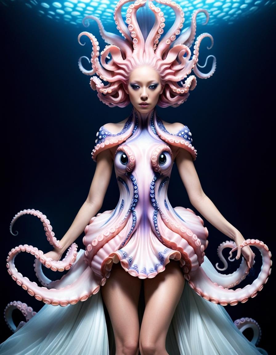 Long exposure photo of <lora:Tentacle-FFashion-Loco-2-lrSNr:1> a woman in a dress with octopus tentacles, intricate fantasy dress, beautiful octopus woman, avant garde fashion model, high fashion fantasy, high fashion haute couture, haute couture fashion, absurdist wiggly blob in a dress, inspired by Alexander McQueen, an intricate dress a woman with pink hair and a fashion dress female medusa long hair, portrait of a sci - fi woman, beautiful octopus woman, scifi woman, Blurred motion, streaks of light, surreal, dreamy, ghosting effect, highly detailed realism pushed to extreme, fine texture, incredibly lifelike, Extremely high-resolution details, realism pushed to extreme, fine texture, incredibly lifelike . Blurred motion, streaks of light, surreal, dreamy, ghosting effect, highly detailed