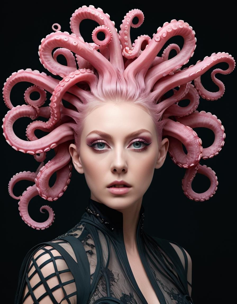 Renaissance style (Vector image:1.3) of (Ultrarealistic:1.3),(Hopeful:1.3) <lora:Tentacle-FFashion-Loco-2-lrSNr:1> fashion show, terrace a woman with pink hair and octopus tentacles, avant garde fashion model, beautiful futuristic hair style, surreal avant-garde style, iris van herpen rankin, girl design lush horns, beautiful octopus woman, elaborate hair, haute couture fashion shoot, elaborate hair worn up, avant garde supermodel, pink hair covered with hairpins, unique hairstyle, long flowing medusa hair TentacleFFashion, (detailed facial features), (detailed tentacle features), Extremely high-resolution details, photographic, realism pushed to extreme, fine texture, incredibly lifelike,(Flat style:1.3),Illustration,Behance,(Warm Colors:1.3),monster,ugly,surgery,evisceration,morbid,cut,open,rotten,mutilated,deformed,disfigured,malformed,missing limbs,extra limbs,bloody,slimy,goo,Richard Estes,Audrey Flack,Ralph Goings,Robert Bechtle,Tomasz Alen Kopera,H.R.Giger,Joel Boucquemont,ArtStation,DeviantArt contest winner,thematic background . Realistic, perspective, light and shadow, religious or mythological themes, highly detailed