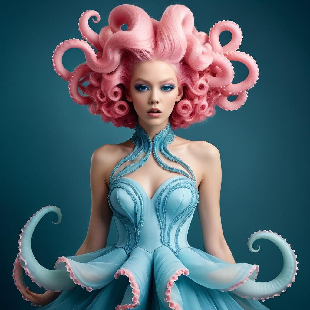 Retro game art (Ultrarealistic:1.3) <lora:Tentacle-FFashion-LoKr-1:1> a woman with pink hair and blue dress, avant garde fashion model, inspired by Leonor Fini, award winning fashion photo, a stunning young ethereal figure, absurdist wiggly blob in a dress, made of cotton candy, long flowing medusa hair, surreal beautiful young woman, haute couture fashion shoot, stunning 3d render of a fairy, wearing a dress made of water TentacleFFashion <lora:DalE-3-FFusion-LoHA:0.2>, Extremely high-resolution details, photographic, realism pushed to extreme, fine texture, incredibly lifelike,(Saturated:1.3),(close portrait:1.3),(Feminine:1.4),(beautiful:1.4),(attractive:1.3),handsome,calendar pose,perfectly detailed eyes,studio lighting,thematic background . 16-bit, vibrant colors, pixelated, nostalgic, charming, fun