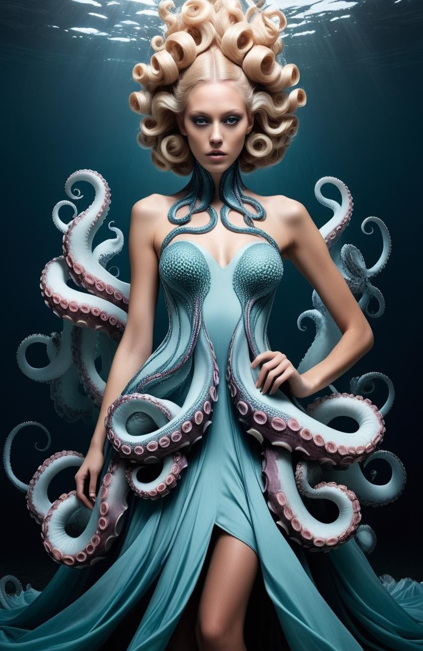 Gothic style (Photo:1.3) of (Ultrarealistic:1.3),(Proud:1.3) <lora:Tentacle-FFashion-LoKr-1:1> a woman in a dress with octopus tentacles, wearing a dress made of water, avant garde fashion model, intricate fantasy dress, beautiful octopus woman, dress made of water, fantasy dress, absurdist wiggly blob in a dress, award winning fashion photo, wearing a dress made of beads, made of cotton candy, blonde girl in a cosmic dress TentacleFFashion arafed headphones with shells and seagulls on a table, sylvain sarrailh and igor morski, with headphones, detailed digital 3d art, hyperrealistic 3d digital art, hyperrealistic 3 d digital art, headphones, headphones on, surrealistic digital artwork, photorealistic music album cover, inspired by Filip Hodas, hi-res photo Extremely high-resolution details, photographic, realism pushed to extreme, fine texture, incredibly lifelike,Highly Detailed,(Kodak Portra:1.3) . Dark, mysterious, haunting, dramatic, ornate, detailed