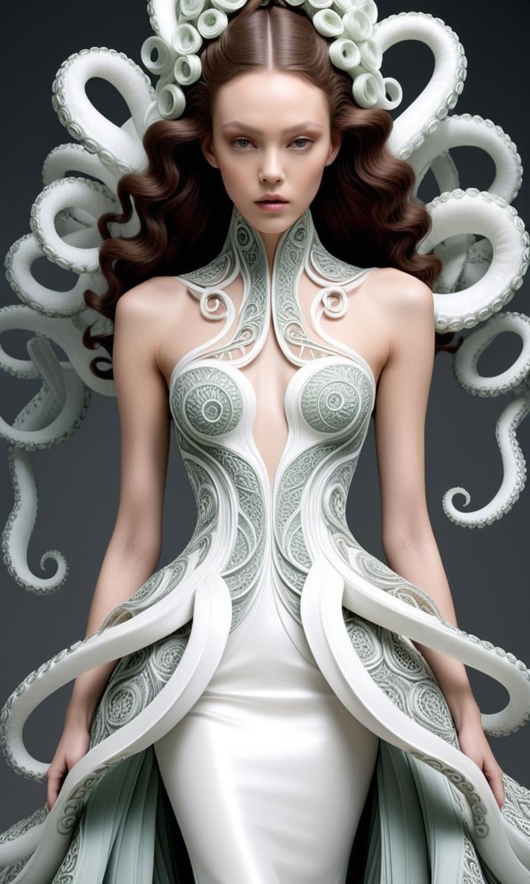 breathtaking <lora:Tentacle-FFashion-LoKr-1:0.89> a woman in a dress with tentacles around her, beautiful octopus woman, portrait of an octopus goddess, iris van herpen rankin, octopus goddess, intricate fantasy dress, an intricate dress, wearing a dress made of vines, covered with tentacles, some tentacles are touching her, white cyborg fashion shot, intricate ornate anime cgi style, surreal beautiful young woman . award-winning, professional, highly detailed