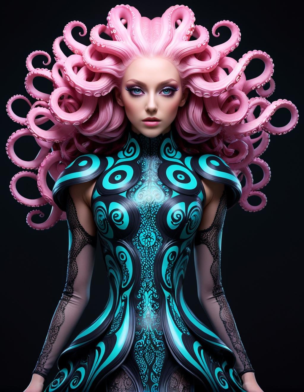 Advertising poster style (Ultrarealistic:1.3) <lora:Tentacle-FFashion-LOha-0416-000009:1> a woman with a glowing dress and octopus tentacles, beautiful octopus woman, portrait of an octopus goddess, octopus goddess, cyberpunk medusa, psychedelic goddess, vivid tentacles, avant garde fashion model, woman made of black flames, swirly body painting, young woman as medusa, blonde girl in a cosmic dress, dark portrait of medusa, psychedelic organic cyborg with a pink doll with long pink hair, intricate ornate anime cgi style, cyberpunk medusa, beautiful futuristic hair style, long flowing medusa hair, portrait of teenage medusa, futuristic hairstyle, a stunning young ethereal figure, avant garde fashion model, medusa made of soft wax, stuning fantasy 3 d render, fashionable futuristic woman, dark portrait of medusa, futuristic and ethereal . Professional, modern, product-focused, commercial, eye-catching, highly detailed