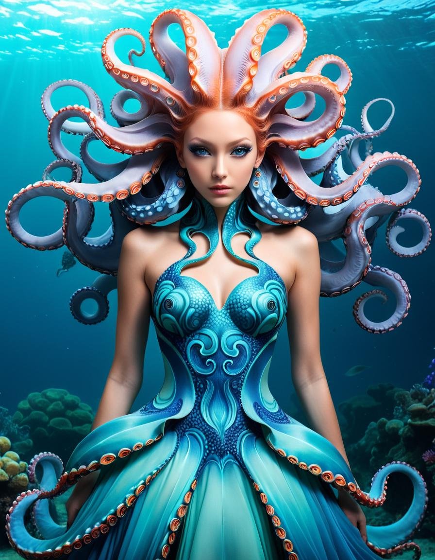 Pokémon style (Ultrarealistic:1.3) <lora:Tentacle-FFashion-LOha-0416-000009:1> a woman in an underwater dress with octopus hair, beautiful octopus woman, portrait of an octopus goddess, avant garde fashion model, portrait of mermaid queen, wearing a dress made of water, lady with glowing flowers dress, octopus goddess, avant garde coral, intricate fantasy dress, award winning fashion photo, inspired by Leonor Fini, covered in coral, surreal beautiful young woman with a woman with a blue hair and octopus tentacles, portrait of an octopus goddess, beautiful octopus woman, cyberpunk medusa, octopus goddess, portrait of teenage medusa, young woman as medusa, torquoise fantasy fanged medusa, portrait of mermaid queen, portrait of medusa, beautiful female gorgon, female medusa long hair, dark portrait of medusa,close portrait,(manga:1.3),beautiful,attractive,handsome,trending on ArtStation,DeviantArt contest winner,CGSociety,ultrafine,detailed,studio lighting . Vibrant, cute, anime, fantasy, reminiscent of Pokémon series