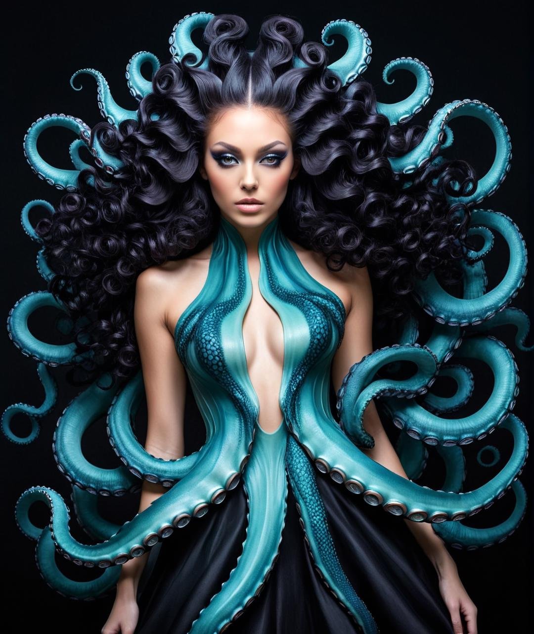 Watercolor painting (Ultrarealistic:1.3) <lora:Tentacle-FFashion-LOha-0416-000009:1> a woman with octopus tentacles on her back, beautiful octopus woman, portrait of an octopus goddess, cyberpunk medusa, hot reptile humanoid woman, some tentacles are touching her, young woman as medusa, dark portrait of medusa, wrapped in black tentacles, iris van herpen rankin, torquoise fantasy fanged medusa, beautiful female gorgon, octopus goddess with a woman with long hair standing in front of a black background, long flowing medusa hair, dark portrait of medusa, long swirly dark hair, swirling black hair, swirly dark hair, long wild black curly hair, her black hair is a long curly, female medusa long hair, elaborate long black hairstyle, long flowing black hair, young woman as medusa . Vibrant, beautiful, painterly, detailed, textural, artistic