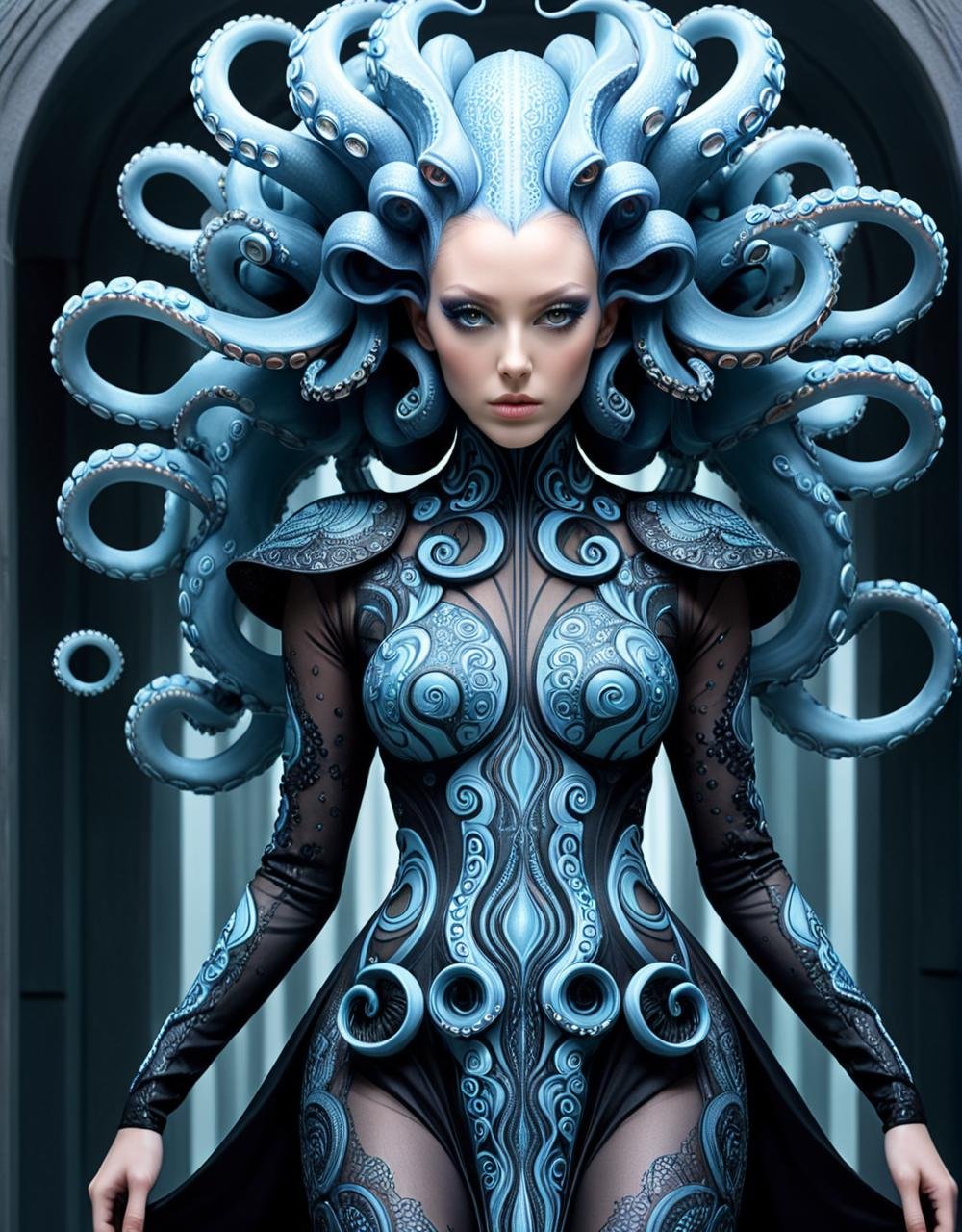 isometric style (Ultrarealistic:1.3) <lora:Tentacle-FFashion-LOha-0416-000009:1> a woman in a cyborg costume with tentacles, beautiful octopus woman, portrait of an octopus goddess, cyberpunk medusa, wrapped in black tentacles, covered with tentacles, octopus goddess, portrait of a sci - fi woman, some tentacles are touching her, fashionable futuristic woman, in style of hr giger, dystopian sci-fi character with a woman in a dress with octopus tentacles, beautiful octopus woman, portrait of an octopus goddess, octopus goddess, iris van herpen rankin, a stunning young ethereal figure, intricate ornate anime cgi style, futuristic and ethereal, inspired by Jean Delville, intricate fractal armor, intricate transhuman, portrait of a cyborg queen, intricate realistic fantasy, cyborg goddess in cosmos . vibrant, beautiful, crisp, detailed, ultra detailed, intricate