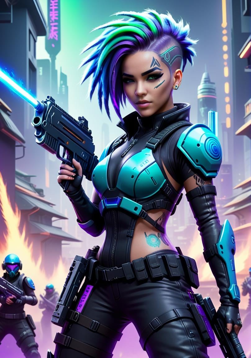 concept art <lora:FF__Cyberpunk_Style:1> a woman with purple hair wearing a futuristic outfit, a woman with dreadlocks holding a gun, cyberpunk 8 k, holding a lightsabre. splash art, a woman with green hair in a futuristic suit, shadowrun character art, cyberpunk dyed haircut, very beautiful cyberpunk samurai, trending on artstation hd, portrait beautiful sci - fi girl, a woman with blue hair in a futuristic city, cyberpunk art ultrarealistic 8k, a man holding a gun in front of a fire, apex legends character . digital artwork, illustrative, painterly, matte painting, highly detailed