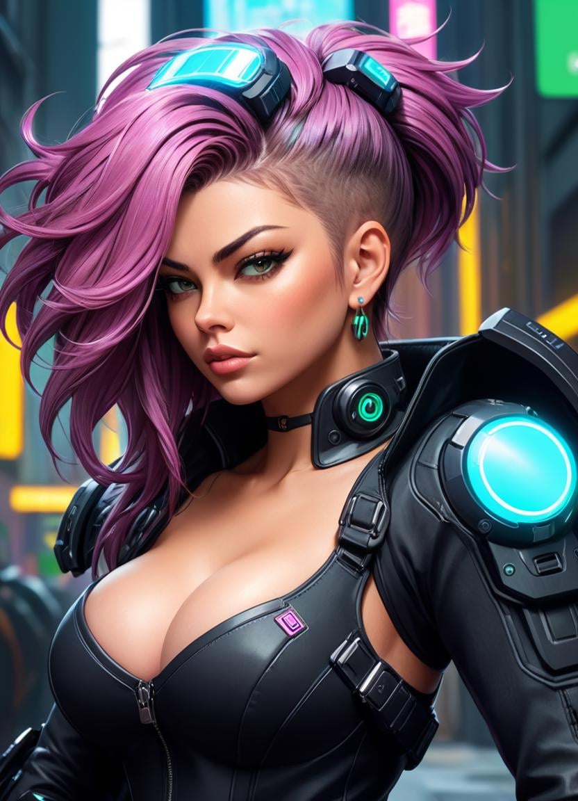 anime artwork <lora:FF-CyberP-XL-FA-v0217:1>, cyber punk 2077, cyberpunk woman, Physically based render, Oil painting, Flowery fat (Sofia Vergara:1.2) , rich color, Bending forward, Multicolor Masterpiece hair, Robotic Body Parts, Fitbit, Buckles, near Tool shed, split diopter, Screen print, Europunk, 35mm, pixiv, art by Ross Draws, (art by Loish:1.3) . anime style, key visual, vibrant, studio anime,  highly detailed