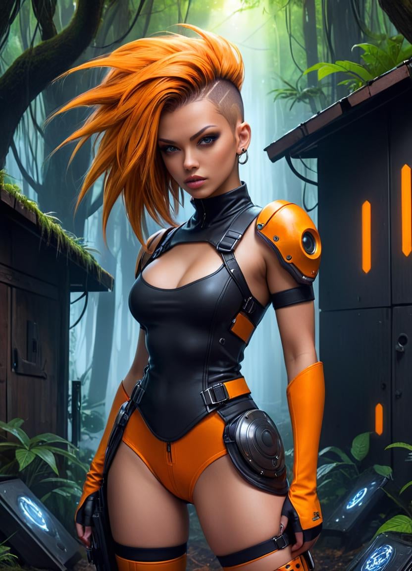 HDR photo of <lora:FF-CyberP-XL-FA-v0217:1>, cyber punk 2077, cyberpunk woman, (art by Tomasz Alen Kopera:1.2) , Digital art, Anime, (Orange theme:0.7) , Sculptural (Sister:1.2) of Faith, wearing Enchanted Haitian Merino wool [Thobe|Low-waisted shorts], inside a Dramatic Tool shed, DayGlo yellow forest, Thunderstorm, Cel shading, behance . High dynamic range, vivid, rich details, clear shadows and highlights, realistic, intense, enhanced contrast, highly detailed
