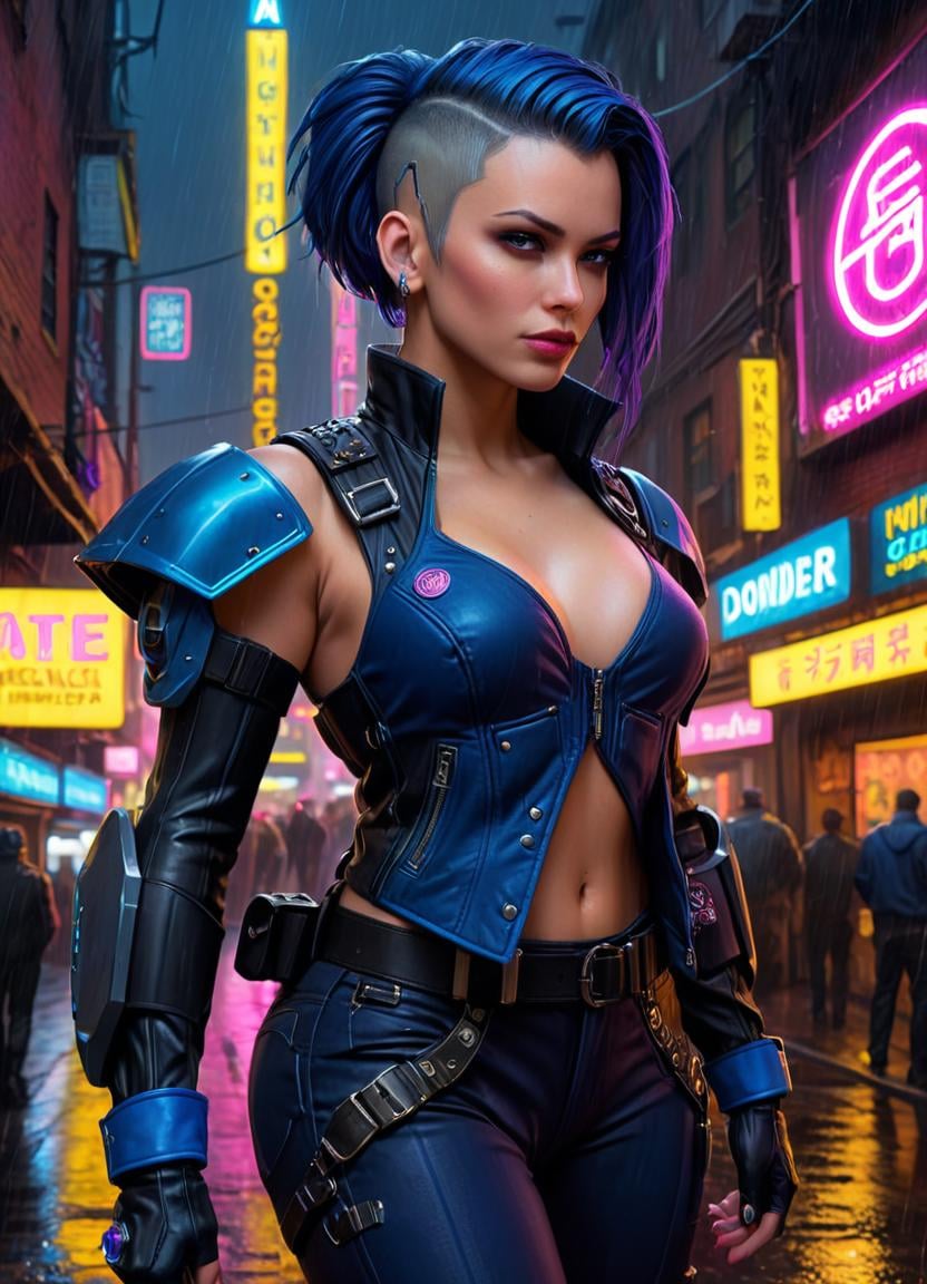 Neon noir <lora:Cyber Wb FFusion:1>, cyber punk 2077, cyberpunk woman, (art by Donato Giancola:1.0) , Drawing, Isometric 3D, masterpiece Vector Art of a Invigorating Tudor (Grandma:1.1) , wearing Serene Indigo Overalls, Masculine hair styled as Shaved sides, Neon Horseshoe Mustache, side light . Cyberpunk, dark, rainy streets, neon signs, high contrast, low light, vibrant, highly detailed