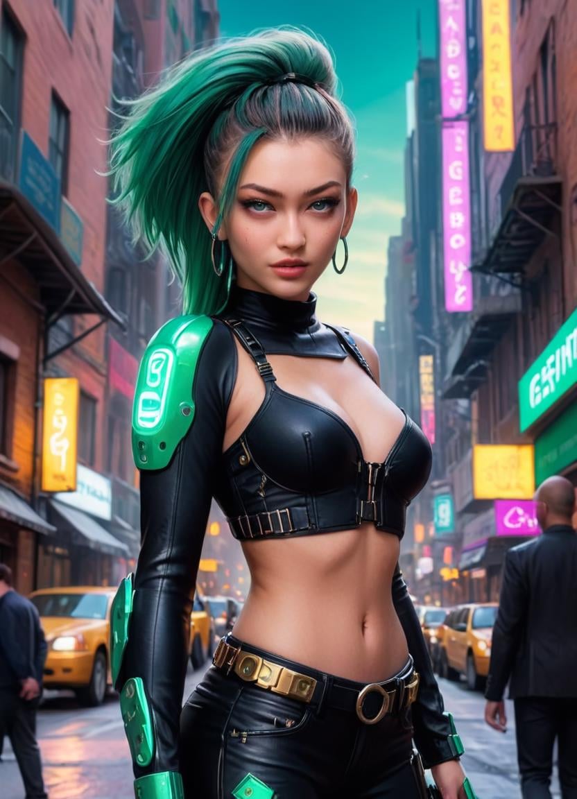<lora:Cyber Wb FFusion:1>, cyber punk 2077, cyberpunk woman, [ (art by John Harris:1.2) : (art by Chris Moore:1.2) :12], concept art, best quality, zoomed out of a Exquisite stout (Gigi Hadid:1.2) , wearing Emerald, Eclectic hair, Supernatural Fitbit, Algerian Braces, inside a [Apocalyptic:Romantic:7] The City of Avalon, Sunny, Digital Art, Beautifully Lit, Colorful