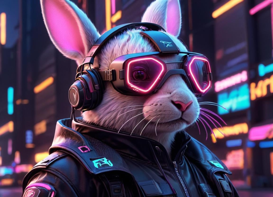 neonpunk style <lora:Cyber BunnY Warfare FFusion:1>solo, 1boy, animal ears, closed mouth, jacket, upper body, white hair, male focus, outdoors, artist name, signature, armor, rabbit ears, blurry, vest, from side, black jacket, no humans, profile, night, depth of field, blurry background, headphones, animal, watermark, cat, goggles, portrait, web address, furry, goggles on head, rabbit, realistic, furry female, furry male, body fur, animal focus, white fur, ears through headwear, animalization, animal nose, whiskers, head-mounted display, cyberpunk, clothed animal, neon lights, pink fur, FFcyberbunny, solo, animal ears, jacket, blurry, blurry background, furry, rabbit ears, rabbit, headphones, black jacket, neon lights, depth of field, upper body, outdoors, night, animal . cyberpunk, vaporwave, neon, vibes, vibrant, stunningly beautiful, crisp, detailed, sleek, ultramodern, magenta highlights, dark purple shadows, high contrast, cinematic, ultra detailed, intricate, professional