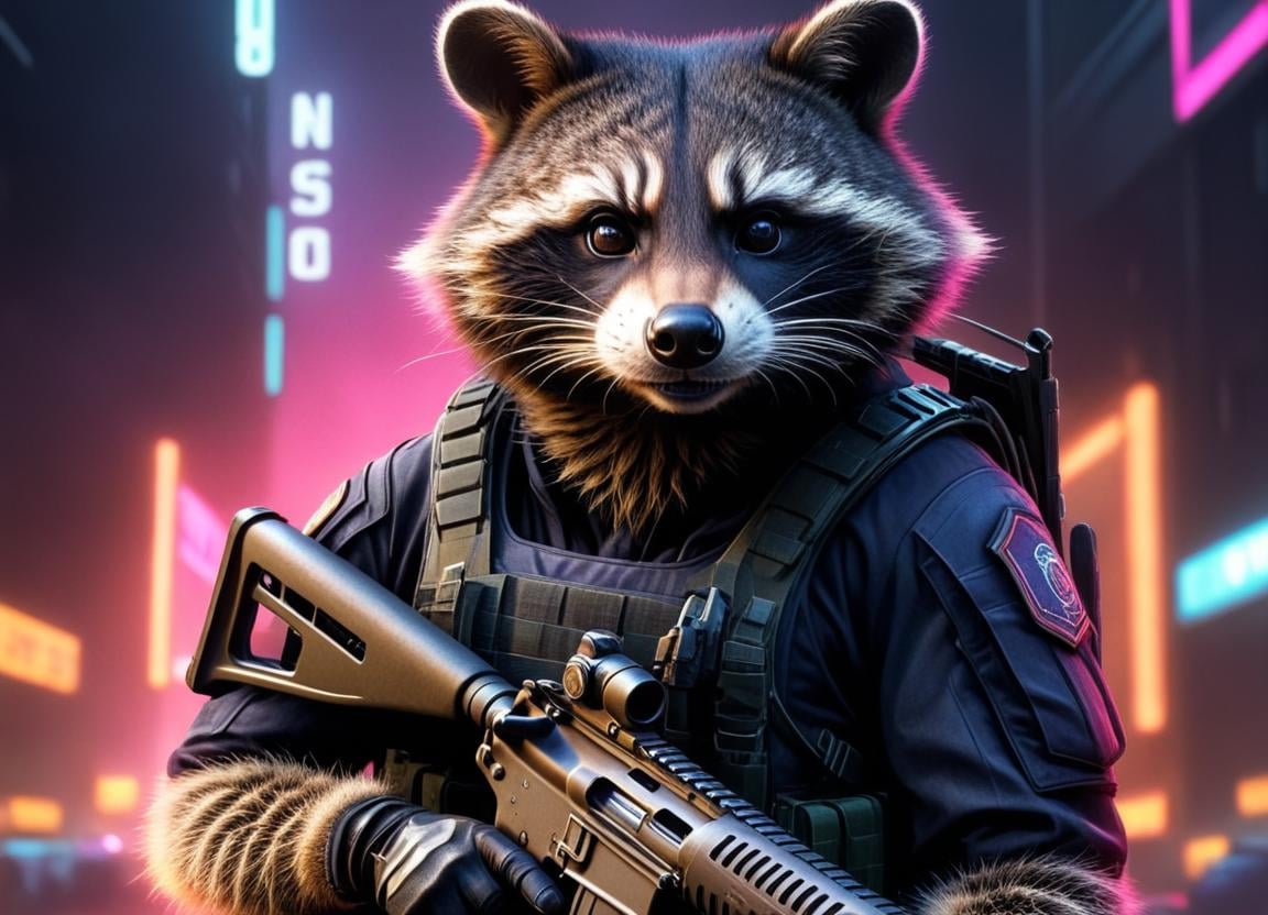 neonpunk style (Digital Artwork:1.3) of (Ultrarealistic:1.3) <lora:Cyber BunnY Warfare FFusion:1> a painting of a raccoon holding a gun, FFcyberbunny,, weapon, gun, furry, holding weapon, whiskers, holding, solo, assault rifle, rifle, holding gun, looking at viewer, trigger discipline, military, no humans, furry male, fire,CGSociety,ArtStation,((retrofuturism)),(science fiction),dystopian Art,ultrafine,detailed,future tech,by Clarence Holbrook CArter,by Ed Emshwiller,CGSociety,ArtStation contest winner,trending on ArtStation,DeviantArt contest winner,Fallout . cyberpunk, vaporwave, neon, vibes, vibrant, stunningly beautiful, crisp, detailed, sleek, ultramodern, magenta highlights, dark purple shadows, high contrast, cinematic, ultra detailed, intricate, professional