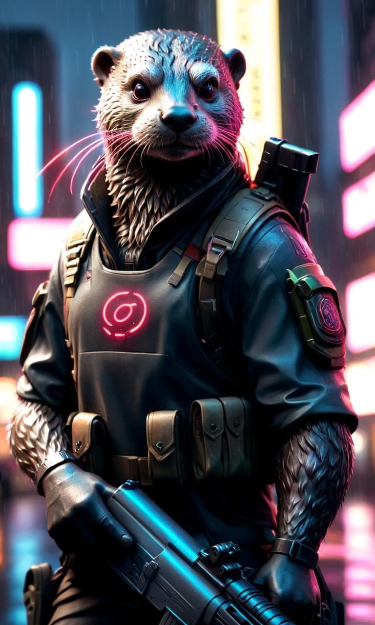 Neon noir (Digital Artwork:1.3) of (Ultrarealistic:1.3) <lora:Cyber BunnY Warfare FFusion:1> a statue of an otter holding a rifle, FFcyberbunny,, weapon, gun, no humans, assault rifle, blurry, holding weapon, blurry background, holding, animal, rifle, holding gun, whiskers, load bearing vest, backpack, kalashnikov rifle, red bandana, outdoors,CGSociety,ArtStation,(Kinemacolor:1.3),close portrait,(manga:1.3),beautiful,attractive,handsome,trending on ArtStation,DeviantArt contest winner,CGSociety,ultrafine,detailed,studio lighting . Cyberpunk, dark, rainy streets, neon signs, high contrast, low light, vibrant, highly detailed