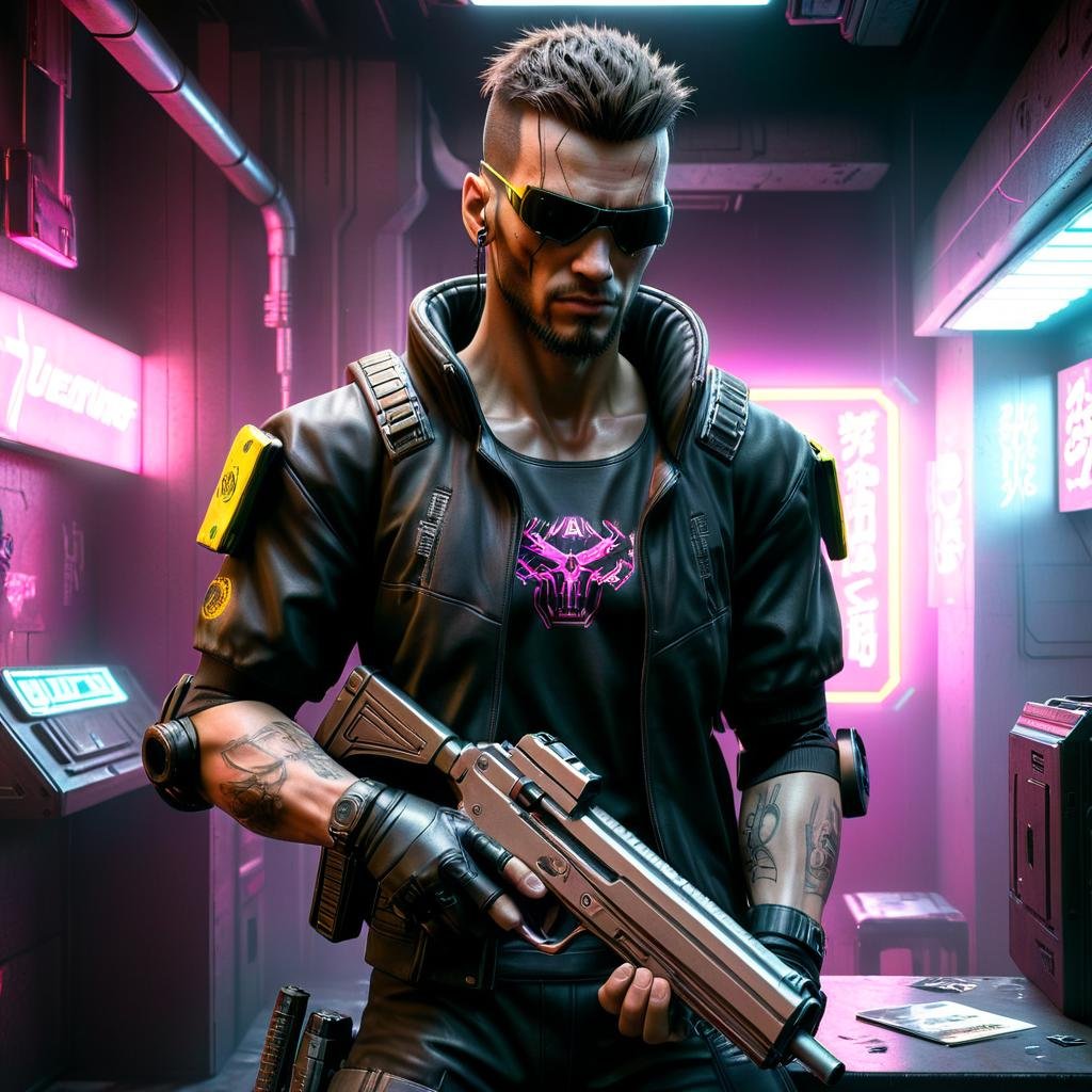 Hyperrealistic art <lora:FF-CyberF-Male1Locon:1> cyber man holding a gun in a neon lit room, cyberpunk hero, cyberpunk photo, cyberpunk art 2077, cyberpunk art ultrarealistic 8k, cyberpunk style ， hyperrealistic, cyberpunk art style, cyberpunk assassin, in cyber punk 2077, cyberpunk themed art, cyberpunk soldier, cyberpunk 2077” . Extremely high-resolution details, photographic, realism pushed to extreme, fine texture, incredibly lifelike