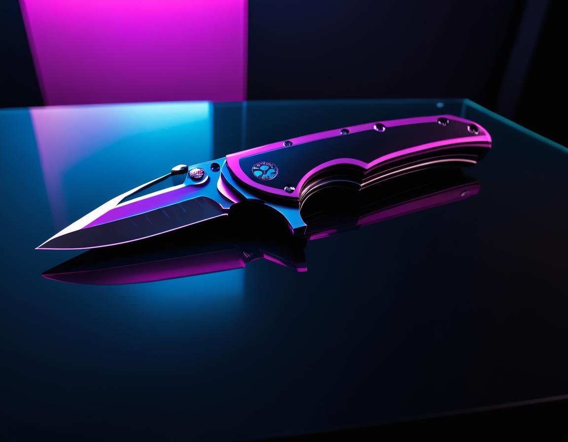 neonpunk style <lora:Knife_XL_FFusion:1>, a knife sitting on top of glass modern design table, full subject shown in photo, very sharp!!!, a folding knife, tactical knife . cyberpunk, vaporwave, neon, vibes, vibrant, stunningly beautiful, crisp, detailed, sleek, ultramodern, magenta highlights, dark purple shadows, high contrast, cinematic, ultra detailed, intricate, professional