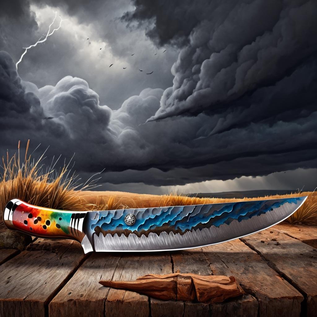 Watercolor painting (art by Rudolph Belarski:0.7) , octane render, landscape of a knife design, Stormy weather, Nostalgic lighting, product showcase <lora:Knife_XL_FFusion:1> . Vibrant, beautiful, painterly, detailed, textural, artistic