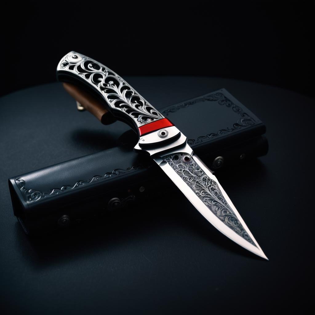Gothic style photograph, fairy tale, Hospitable Sleek folding knife, Relaxed, film grain, film camera, Depth of field 270mm, product showcase <lora:Knife_XL_FFusion:1> . Dark, mysterious, haunting, dramatic, ornate, detailed