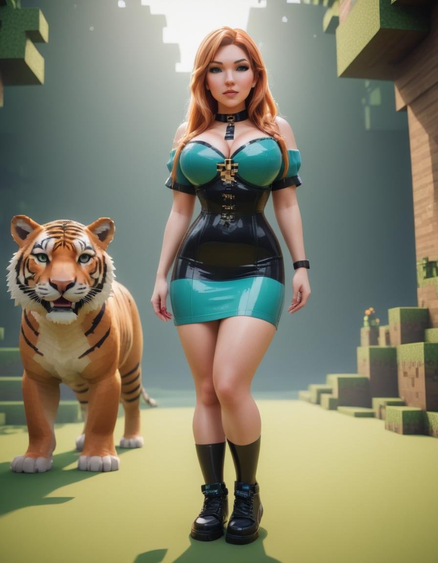 cinematic photo Velvia, Concept Art World, [Repressive:1940'S:2] thicc Wife, wearing Odious T-shirt dress and sneakers with Sabertooth tiger trimmings, hyper detailed, minecraft world, minecraft render style <lora:FF-Minecraft-XL:1> . 35mm photograph, film, bokeh, professional, 4k, highly detailed