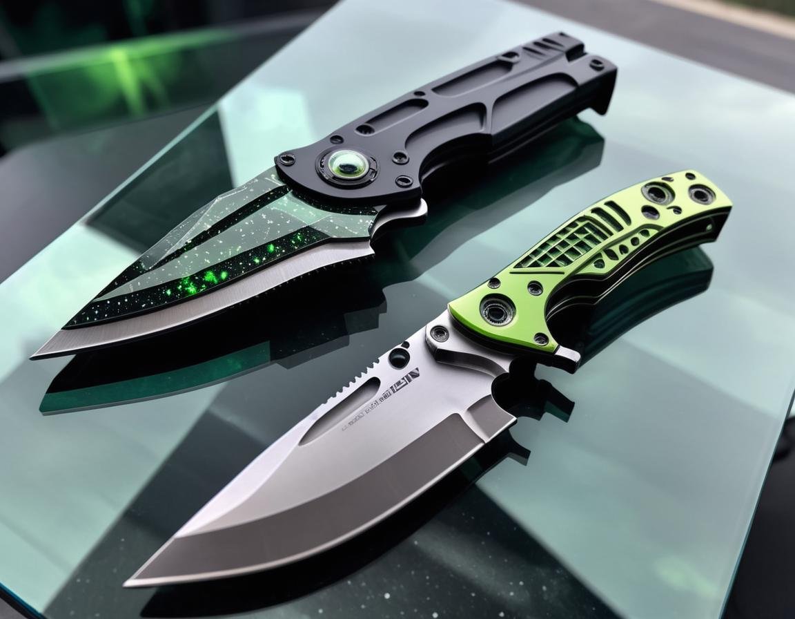 Alien-themed <lora:Knife-FFusion-LoRA-FA:1>, a knife sitting on top of glass modern design table, full subject shown in photo, very sharp!!!, a folding knife, tactical knife . Extraterrestrial, cosmic, otherworldly, mysterious, sci-fi, highly detailed