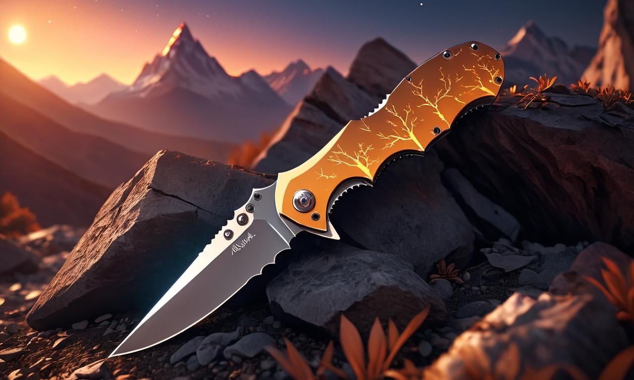 Thick layered papercut art of Semi-Abstract knife, folding knife implanted into ground, shining object, Amber sky, distant mountains by sylvain sarrailh, rossdraws, ambient light, ultra detailed, fantasy artwork, 8k, volumetric lighting, trending on artstation, award winning, very Nervous,  <lora:FF-Knives-XL-Cr2-v0163:1> . Deep 3D, volumetric, dimensional, depth, thick paper, high stack, heavy texture, tangible layers