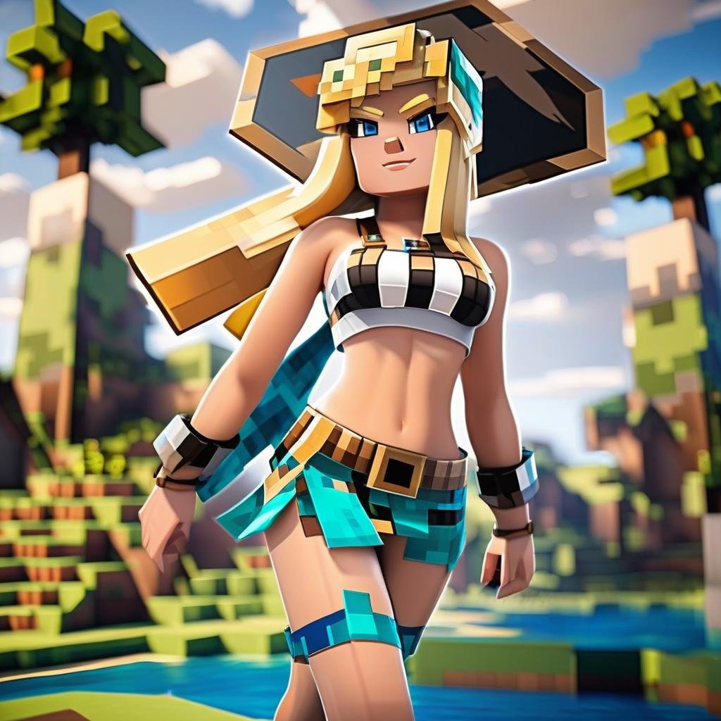 a cartoon picture of a woman in a bikini, minecraft skin, minecraft style, very beautiful female barbarian, stuning fantasy 3 d render, a sexy blonde warrior, minecraft, minecraft in real life, natalie from epic battle fantasy, minecraft mods, adventure hyper realistic render, minecraft build, minecraft gameplay, crochet skin, 3 d anime realistic, style of minecraft, minecrafft, minecraft style, minecraft, game, woman, 1girl, breasts, nipples, solo, blue eyes, long hair, freckles, blonde hair, large breasts, navel, looking at viewer  <lora:FF-minectaft-XL-N1-v0183:1>