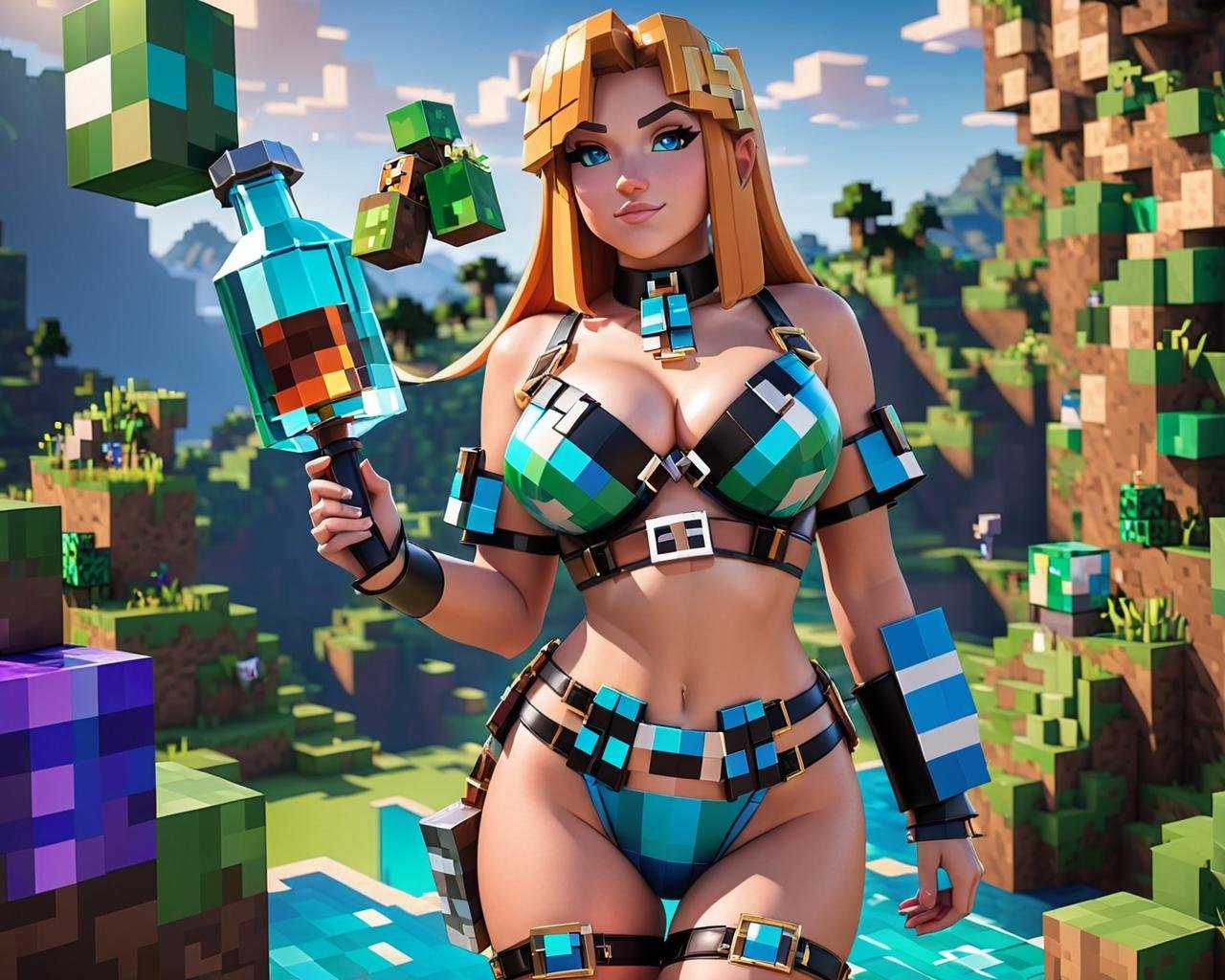 Minecraft style <lora:FF-minectaft-XL-Fa1-v0183:1> a woman in minecraft posing for a picture in latex bikini with a pixalated blue harness and metal choker minecraft render with a potion, big breasts , huge big breasts, corset latex, minecraft world style    . Blocky, pixelated, vibrant colors, recognizable characters and objects, game assets
