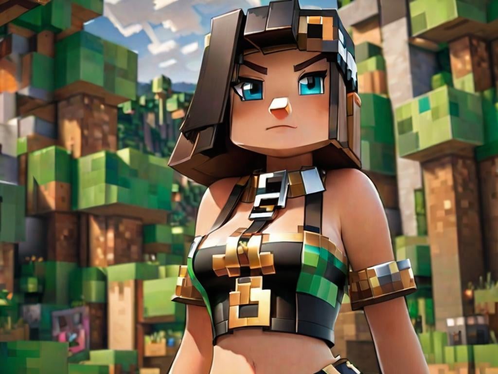woman in minecraft posing for a picture in latex bikini no top nipples with small breasts with a pixalated sexy fetish harness and metal choker minecraft render with a pixaleted render, big breasts , huge big breasts, corset latex, minecraft world style, huge big breasts  naked on the ground  big round butt, rendered mineraft in the background  <lora:FF-minectaft-XL-Fa1-v0183:1>