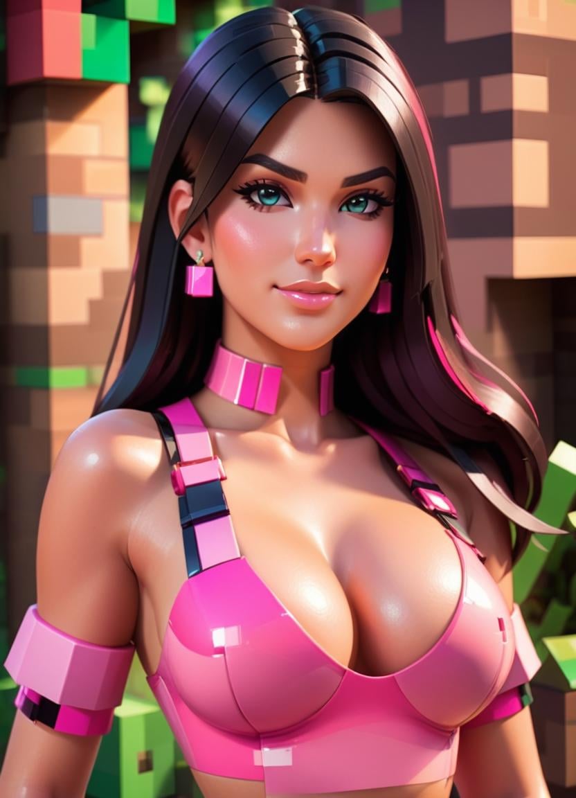 Minecraft style <lora:MinecraFFt-XL-TX-FA-32NORMALRv0471:1> texture a portrait of a beautiful gorgeous woman in a pink latex top down close-up . Blocky, pixelated, vibrant colors, recognizable characters and objects, game assets