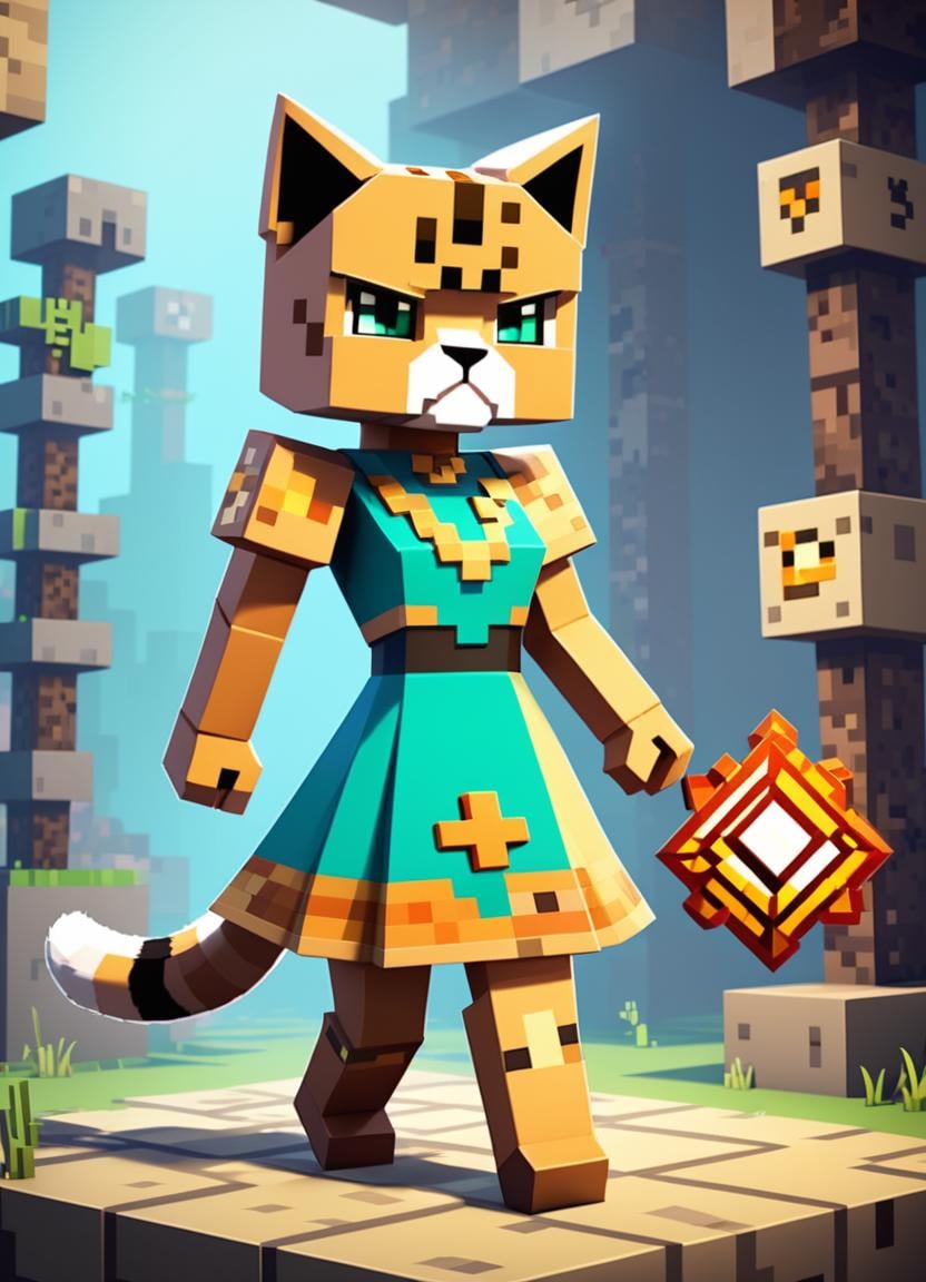 Minecraft style Bugcore, Exotic Shorthair Cat with Runes dress, Flickr, cheetah print dust particles, Concept artist, Desaturated,  <lora:MinecraFFt-XL-TX-FA-32LOKONv0471:1> . Blocky, pixelated, vibrant colors, recognizable characters and objects, game assets