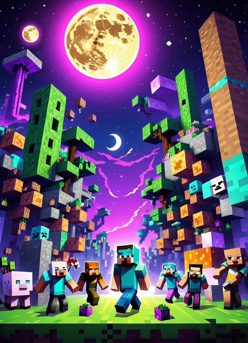Minecraft style Elegant, Hyperpunk, wallpaper, Invigorating Neat Hip-Hop Moon, Complex background,  <lora:MinecraFFt-XL-TX-FA-32LOKONv0471:1> . Blocky, pixelated, vibrant colors, recognizable characters and objects, game assets