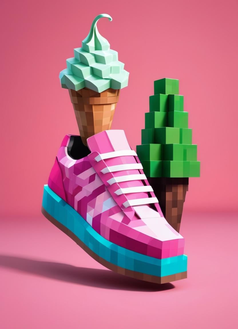 Minecraft style (Ultrarealistic:1.3) a pink shoe with an ice cream cone on top of it, inspired by Chris LaBrooy, clemens ascher, stylish shoe design, pink shoes, illustration!, trend on behance 3d art, trend on behance 3 d art, surreal object photography, by Chris LaBrooy, by Glen Angus, by Jan Kupecký, karim rashid, bubblegum <lora:Minecraft FF LoCON 02:1>,(Hypersaturated:1.3),(close portrait:1.3),(Feminine:1.4),(beautiful:1.4),(attractive:1.3),handsome,calendar pose,perfectly detailed eyes,studio lighting,thematic background . Blocky, pixelated, vibrant colors, recognizable characters and objects, game assets