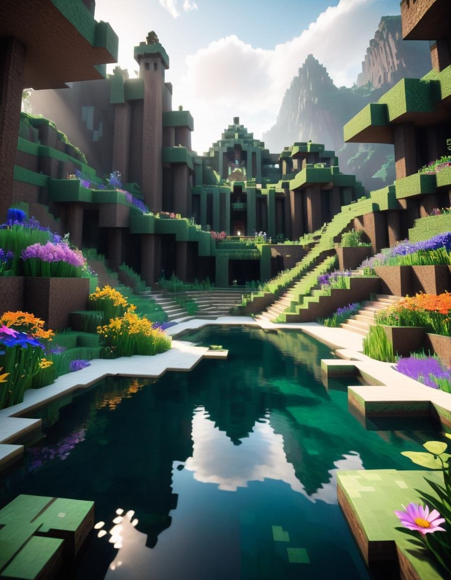 cinematic photo <lora:Minecraft FF LoCON 03:1> minecraft, photograph, lush pond with Wildflower bouquet, insane details, landscape of a Cyberpunk Mythical ([Mount Everest:The Bandelier National Monument:1]:1.3) from inside of a Narnia,, at Overcast, [ (stylized by Martin Deschambault:1.1) , (Georges Lacombe:1.2) :7], Visual novel, Suffering, Bloomcore, specular lighting, Orton effect, Kodak portra 800, L USM, four colors, symbolism, Liminal dream, artstation, award winning . 35mm photograph, film, bokeh, professional, 4k, highly detailed