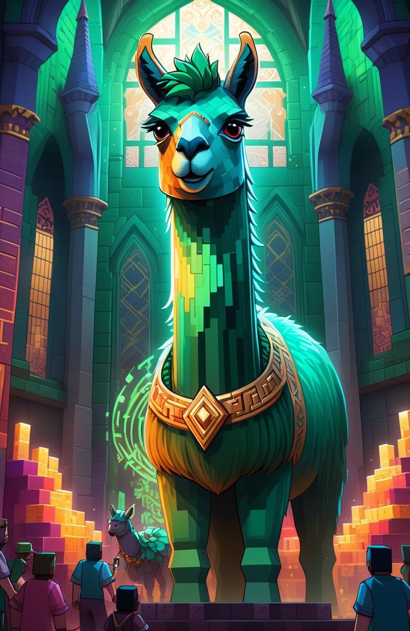 anime artwork LLama in minecraft, art by Jeremy Mann, monotype, Kintsugi, art by Atey Ghailan, Dark Wave Art, Clockwork Biomorphic (LLama :1.3) from inside of a St. Basil's Cathedral, art by Boris Vallejo, Biopunk Art, art by Tristan Eaton, Queencore, art by J.C. Leyendecker, Darkpunk, dark green and Gradient details, art by Magali Villeneuve, Fluxus Art, art by Dan Mumford, Weirdcore, art by Greg Rutkowski, Dollpunk, art by Alphonse Mucha, Futurepunk, art by John Constable, Auto-Destructive Art, art by Ross Tran, American Scene Painting, art by Loish, Metalcore, art by Tomasz Alen Kopera, Terrorwave, wall Graffiti, 4k, highly detailed,  <lora:FF-LLama-Generator:1> <lora:MinecraFFt-XL-TX-FA-32LOKONv0471:1> . anime style, key visual, vibrant, studio anime,  highly detailed