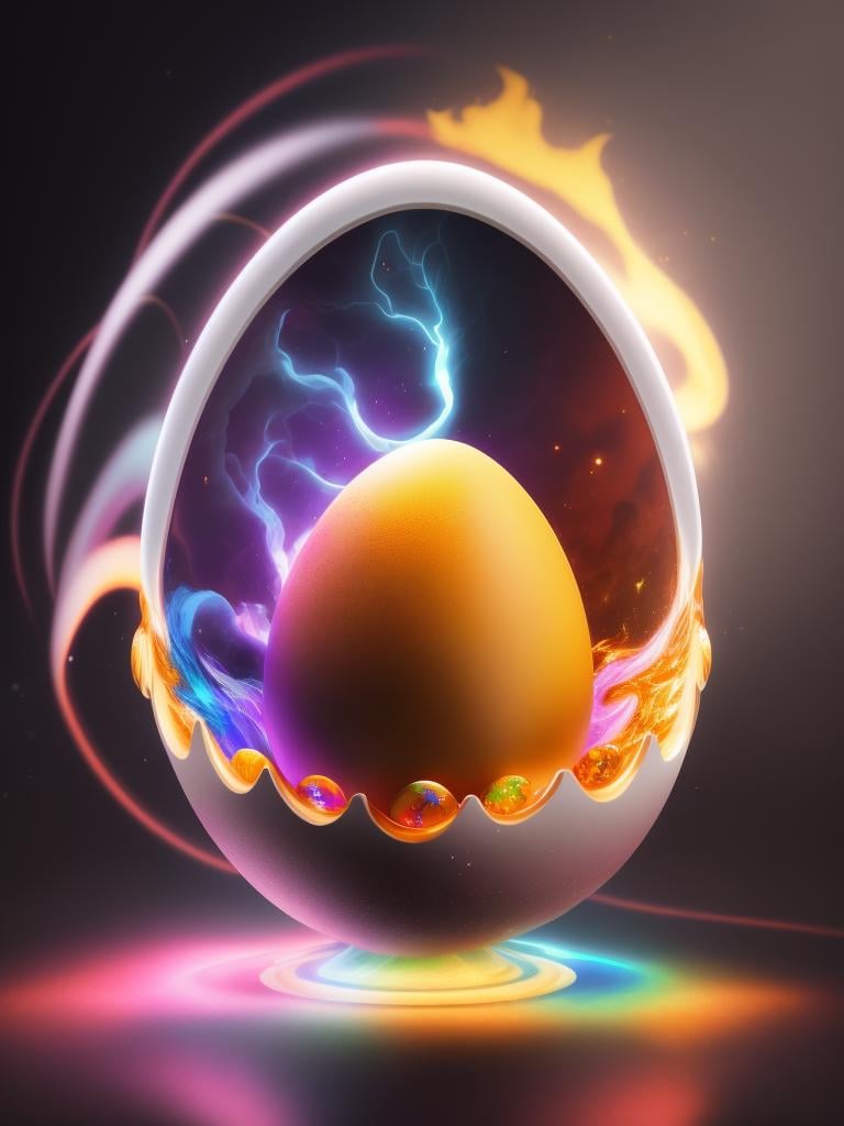 there is a large egg with a hole in it on a dark surface, 3d digital art 4k, cinema 4d bright light render, cinema 4 d art, 3d render digital art, humpty dumpty in form of egg, digital art render, high-quality render, magic frozen ice phoenix egg, cinema 4 d render, cinema 4d render, white background, color slash, aint <lora:easter-fusion:1>
