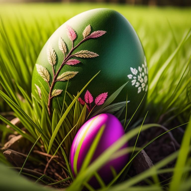 a group of colorful eggs sitting on top of a green field of grass with a decorative design on them, artist_name, blurry, blurry_background, blurry_foreground, day, depth_of_field, garden, grass, leaf, nature, on_grass, outdoors, palm_tree, plant, tree, tree_stump  <lora:easter-fusion-8:1>