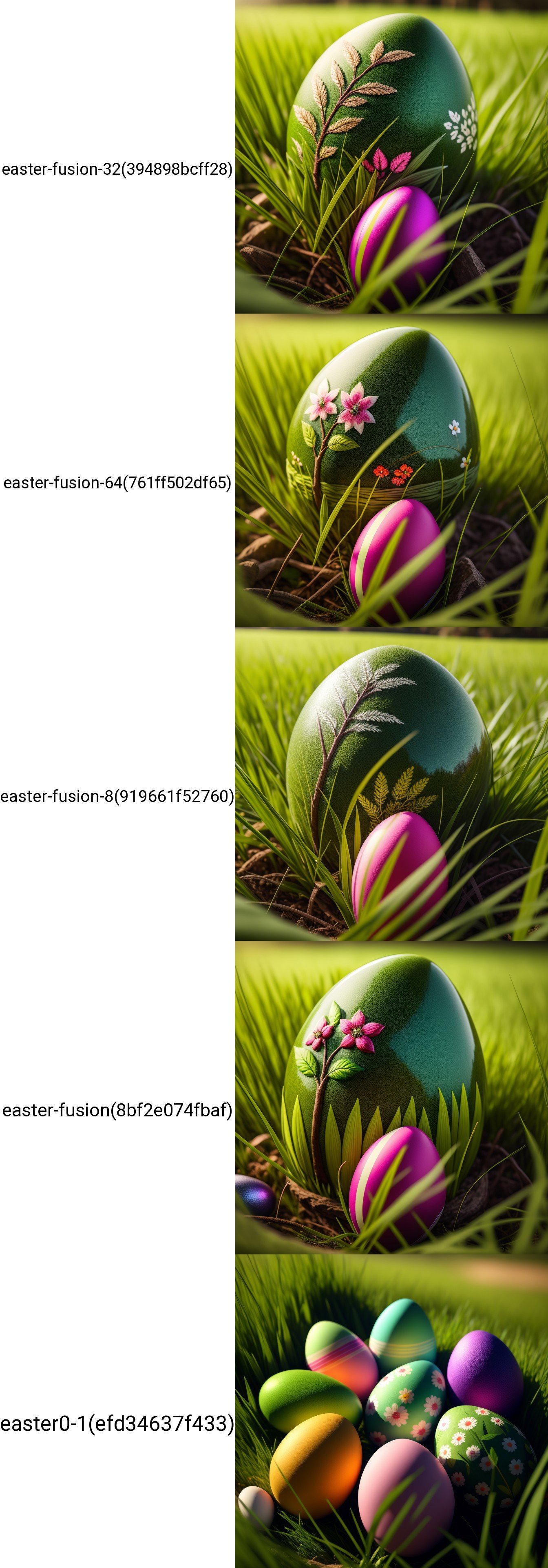 a group of colorful eggs sitting on top of a green field of grass with a decorative design on them, artist_name, blurry, blurry_background, blurry_foreground, day, depth_of_field, garden, grass, leaf, nature, on_grass, outdoors, palm_tree, plant, tree, tree_stump