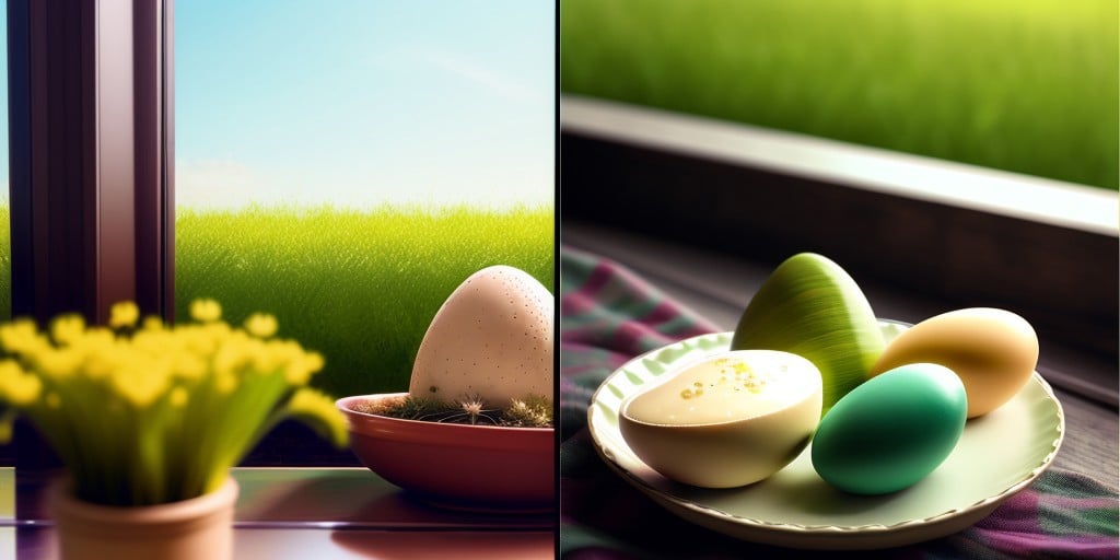 a group of colorful eggs sitting on top of a green field of grass with a decorative design on them, artist_name, blurry, blurry_background, blurry_foreground, day, depth_of_field, garden, grass, leaf, nature, on_grass, outdoors, palm_tree, plant, tree, tree_stump