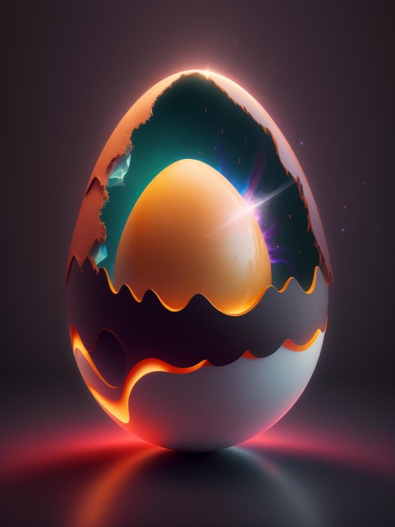 there is a large egg with a hole in it on a dark surface, 3d digital art 4k, cinema 4d bright light render, cinema 4 d art, 3d render digital art, humpty dumpty in form of egg, digital art render, high-quality render, magic frozen ice phoenix egg, cinema 4 d render, cinema 4d render, white background, color slash, aint