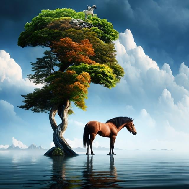 a surreal art, Marczyski, animal, 3d humans, land, standing illustration, no sky, art fish, highly bird, reflection, 3 on cloud, detailed water, by lion epic artistic realistic, mountain, piece d illustrations, there surrealistic tree, is beautiful 4k and of stunning artwork, horse Adam digital artwork, no humans, bird, fish
