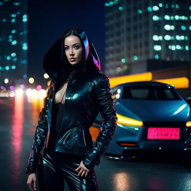 hyper-realistic a portrait, up, background, blurry in cyberpunk eyes, solo, jacket, standing night, cinematic outdoors, dreamy ground the girl, hood, face, lips, raincoat anime woman hoodie, at blue vehicle, hoodie hair, realistic, style, wet, neon vibe, blurry, 1girl, photograph hood looking viewer, girl beautiful upper techwear woman, rainy body, of motor setting, photo, rain, black, black hair, looking at viewer