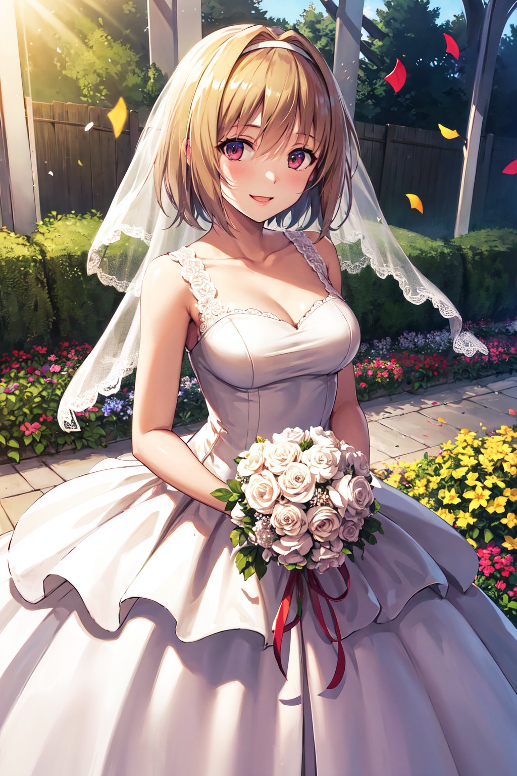 masterpiece, best quality, highres, aakikyo, short hair, hair intakes, white hairband, <lora:kushida_kikyo_v1:0.7>, wedding dress, white dress, white gloves, bridal veil, holding bouquet, garden, confetti, smile, flower, cowboy shot