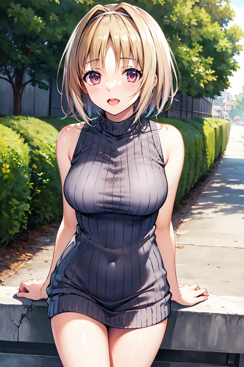 masterpiece, best quality, highres, aakikyo, short hair, hair intakes, white hairband, <lora:kushida_kikyo_v1:0.7>, sweater dress, sleeveless, virgin killer sweater, street, 