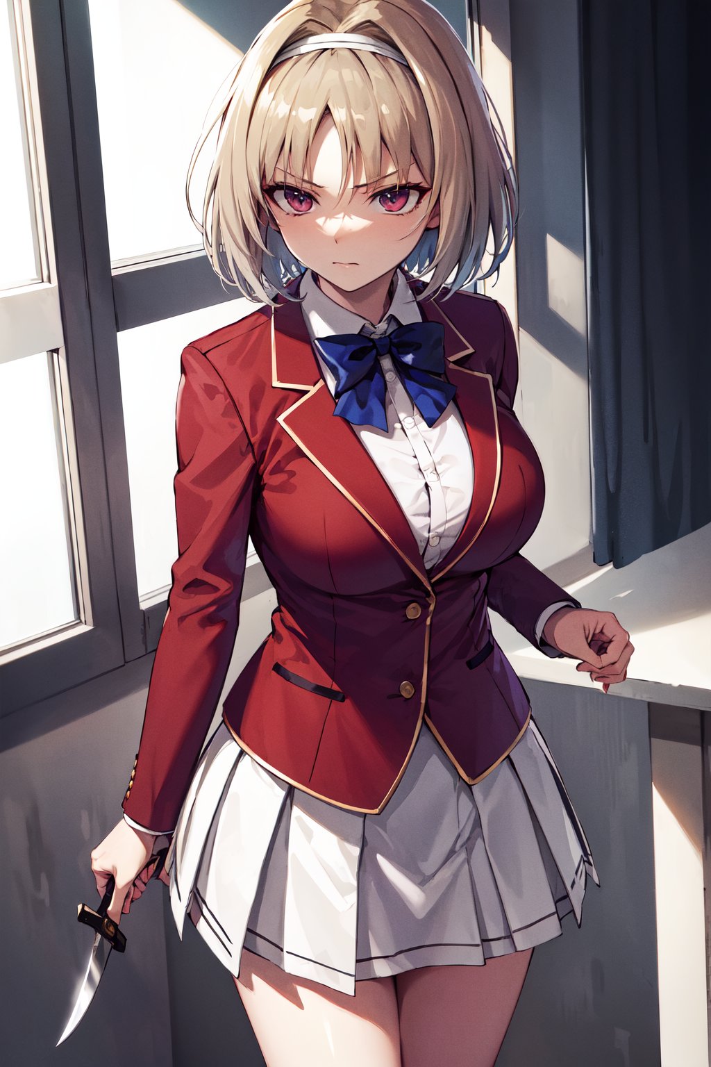 masterpiece, best quality, highres, aakikyo, short hair, hair intakes, white hairband, blue bowtie, collared shirt, blazer, red jacket, long sleeves, white skirt, pleated skirt, black socks, <lora:kushida_kikyo_v1:0.7>, holding knife, serious, indoors, standing, (shaded face:1.2), 