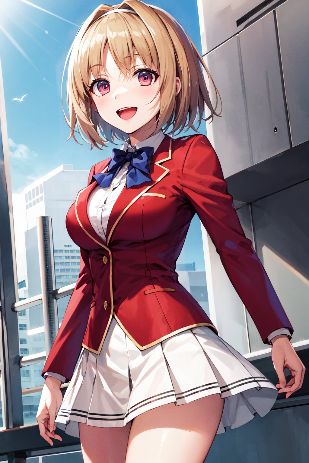 masterpiece, best quality, highres, aakikyo, short hair, hair intakes, white hairband, blue bowtie, collared shirt, blazer, red jacket, long sleeves, white skirt, pleated skirt, black socks, <lora:kushida_kikyo_v1:0.7>, cowboy shot, standing, outdoors, straight-on, arms at sides, smile, open mouth, 