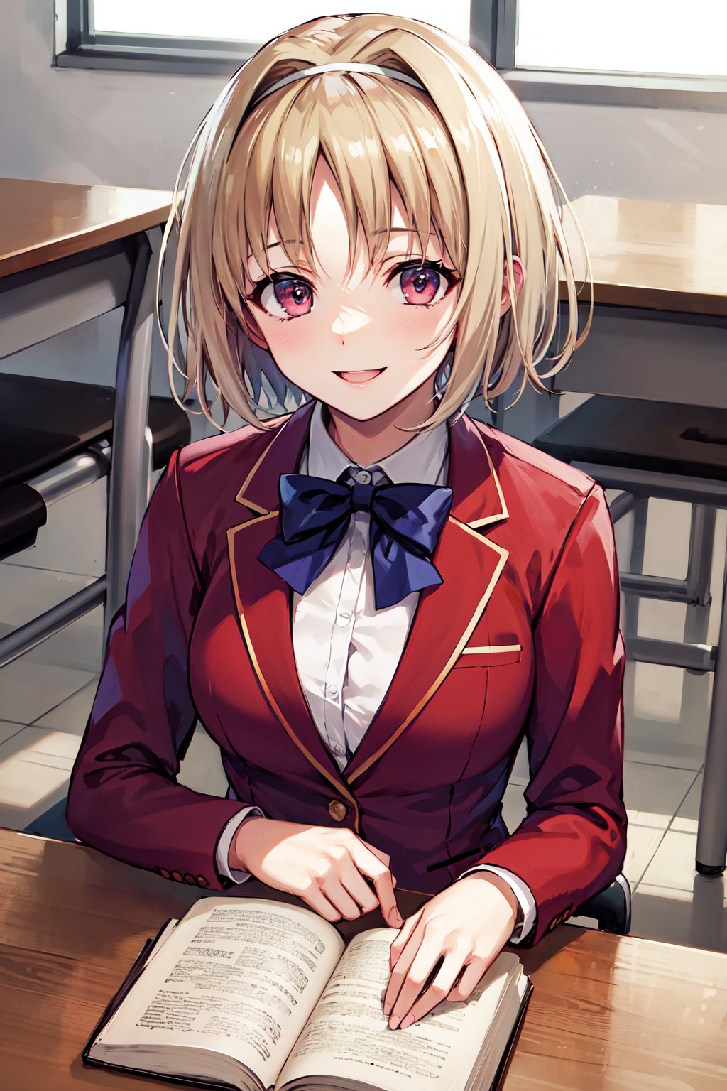 masterpiece, best quality, highres, aakikyo, short hair, hair intakes, white hairband, blue bowtie, collared shirt, blazer, red jacket, long sleeves, white skirt, pleated skirt, black socks, <lora:kushida_kikyo_v1:0.7>, sitting, desk, upper body, book, classroom, smile, 