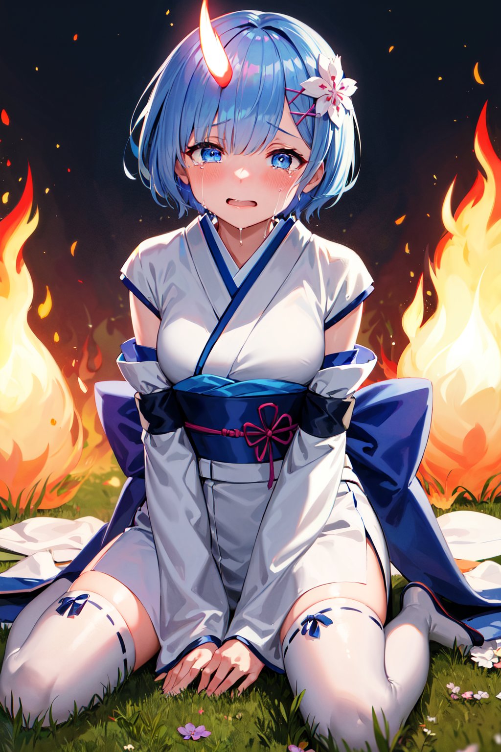 masterpiece, best quality, highres, bbrem, short hair, x hair ornament, japanese clothes, white kimono, short kimono, detached sleeves, wide sleeves, sash, white thighhighs, aged down, <lora:rem_v1:0.8>, wariza, crying, tears, glowing horns, single horn, (burning:1.2), (fire:1.2), night, field, hand between legs, 